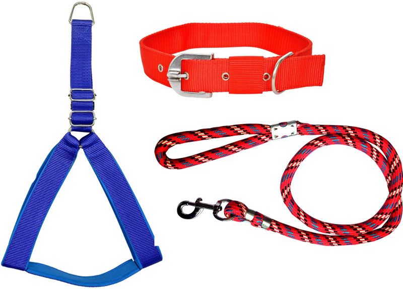 PEDIGONE Dog Belt Combo of Blue Dog Body Cross with Red Dog Collar with Red Lead Dog Harness & Leash  (Medium, Multi-Color)