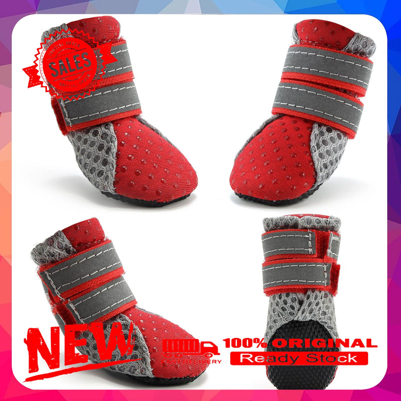 4Pcs Pet Sneakers Reflective Fastener Tape Anti-skid Breathable Pet Dogs Mesh Sneakers for Outdoor