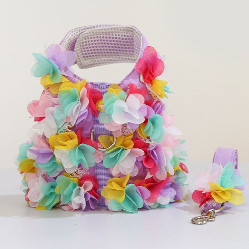 Leash Breathable Stereo Pink Flower Harness Pet   Leash Set Puppy Vest Harness Leashes For Chihuahua Yorkshire Terrier