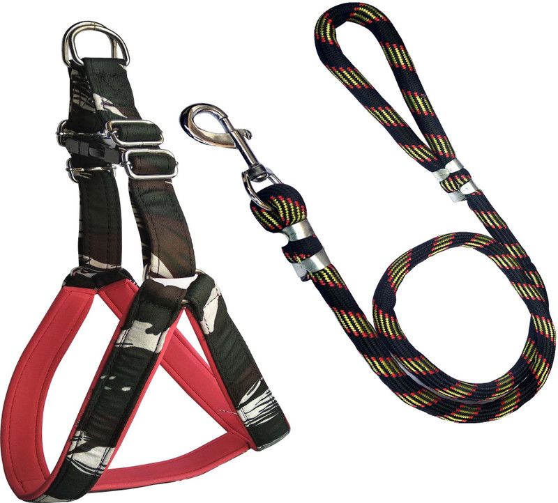 PEDIGONE Dog Belt Combo of Green Military Padded Dog Body Harness with Black Lead 1.5m Lengthy Dog Harness & Leash  (Medium, Multi-Color)