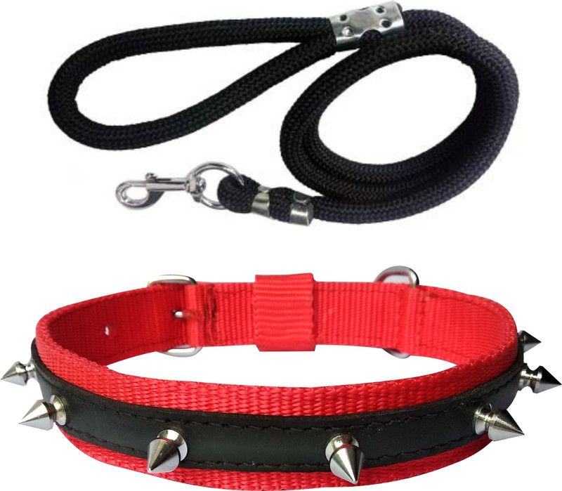 PEDIGONE Good Quality Dog Belt Combo of Red Nylon Spike Collar with Black Lead 1.5m Lengthy Dog Collar & Leash  (Medium, Multi-Color)