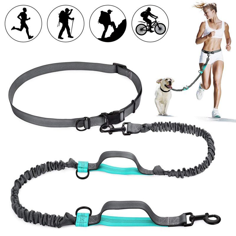 Hands Waist Dog Leash with Dual Bungees, Free Control for Up to 150 lbs Dogs, Durable Dual-Handle Bungee Leash with Adjustable Waist Belt - for Running, Jogging or Walking