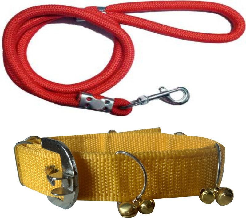 PEDIGONE Good Quality Dog Belt Combo of Yellow Ghungroo Collar with Red Lead 1.5m Lengthy Dog Collar & Leash  (Medium, Multi-Color)
