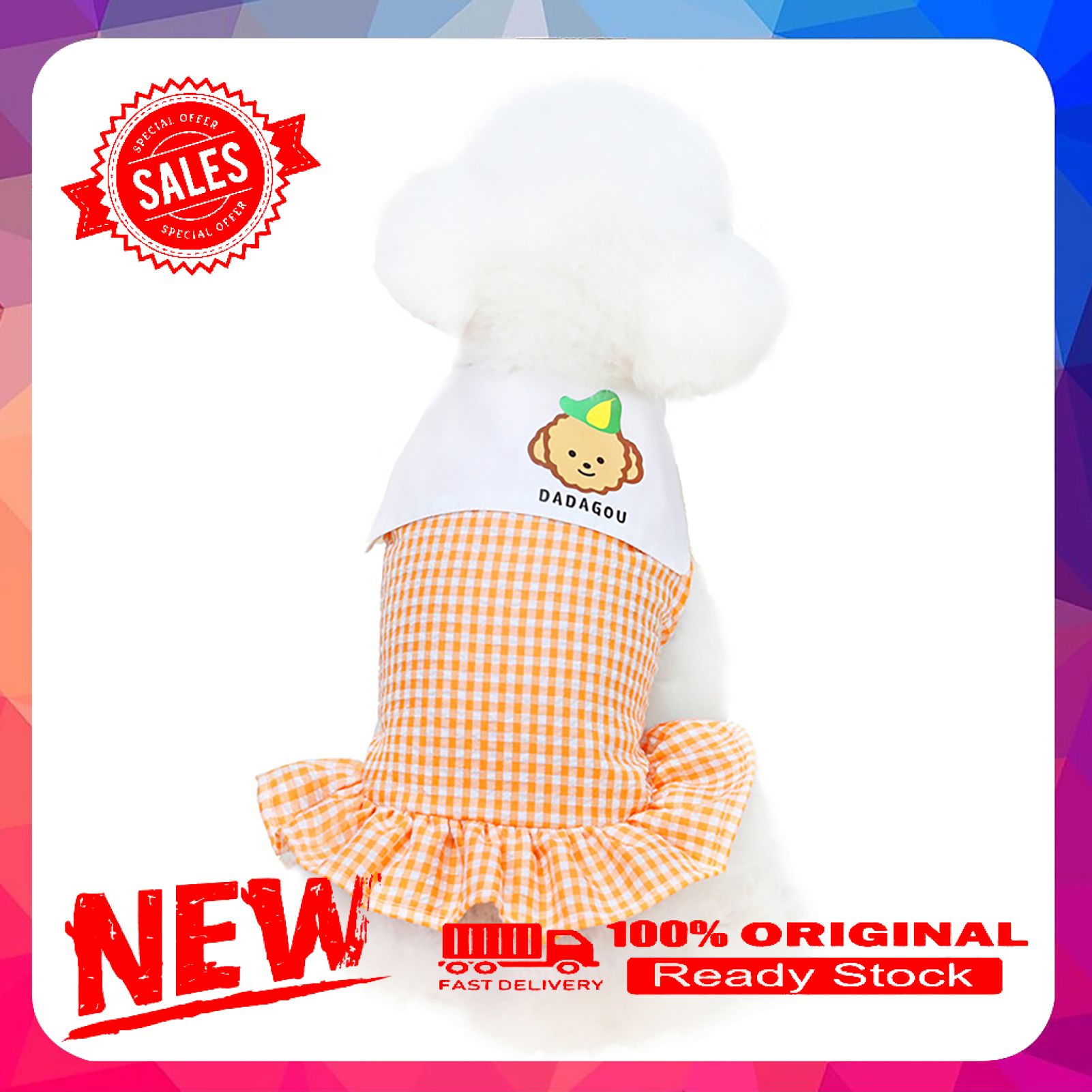 Vist Fox Pet Skirt Plaid Ruffle Cotton Monkey Print Buttons Small Dog Puppy Dress Clothing for Spring/Summer