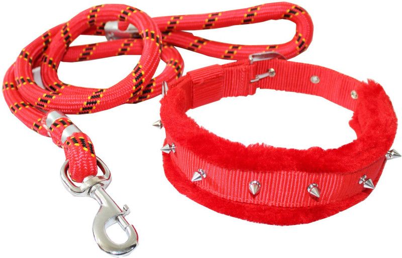 Petshop7 Premium QualityFur Padded Nylon Spiked Dog Collar & Leash Rope (Neck Girth Size Dog Collar & Leash  (Medium, Red)
