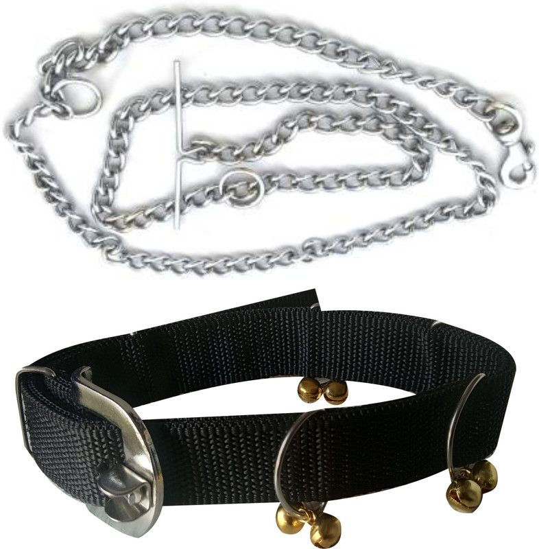 PEDIGONE Good Quality Dog Belt Combo of Black Ghungroo Collar with Dog Chain 1.5m Lengthy Dog Collar & Chain  (Medium, Multi-Color)