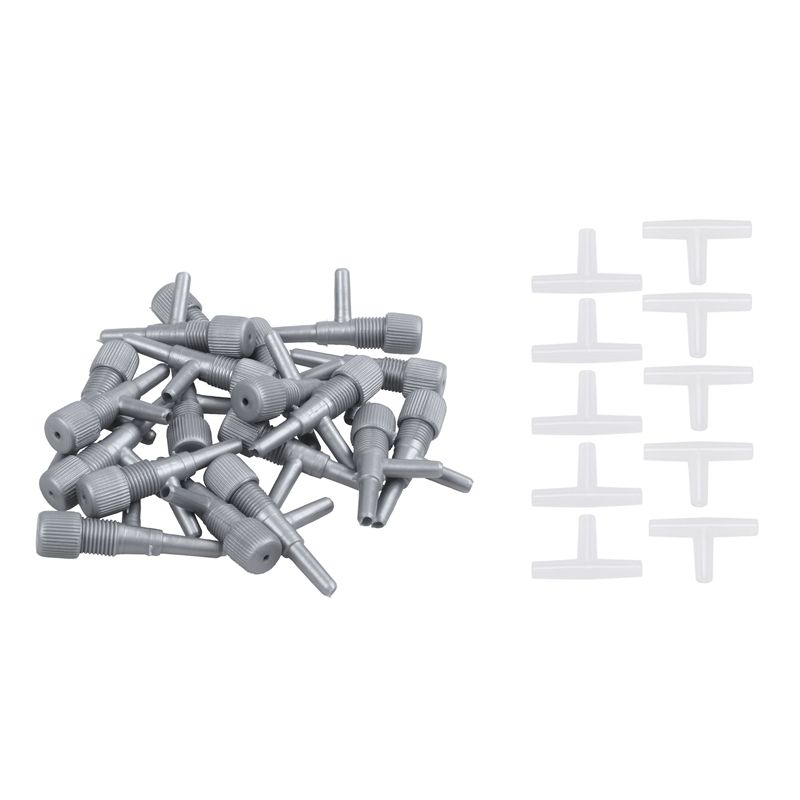 30 Pcs Plastic Aquarium Valve Accessories: 10 Pcs White Tee Shape 3-Way Air Valve Connectors & 20 Pcs Gray Aquarium Fish Oxygen Air Line Tubing Flow Control Valve