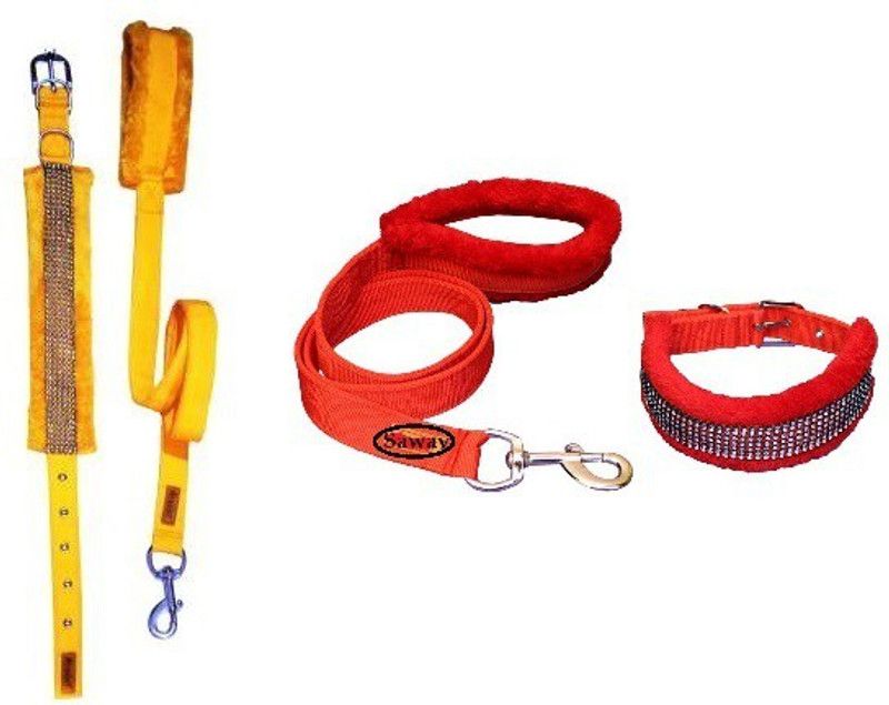 Y N Y N India Export Quality Dog Yellow & Red Furr Collar With Furr Lease Medium Dog Collar & Leash  (Medium, YELLOW, RED)