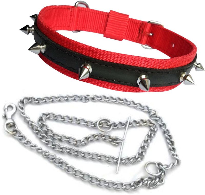 ADIOS Dog Belt Combo of Red Nylon Dog Spike Collar with Dog Chain 1.5m Lengthy Dog Collar & Chain  (Medium, Red)