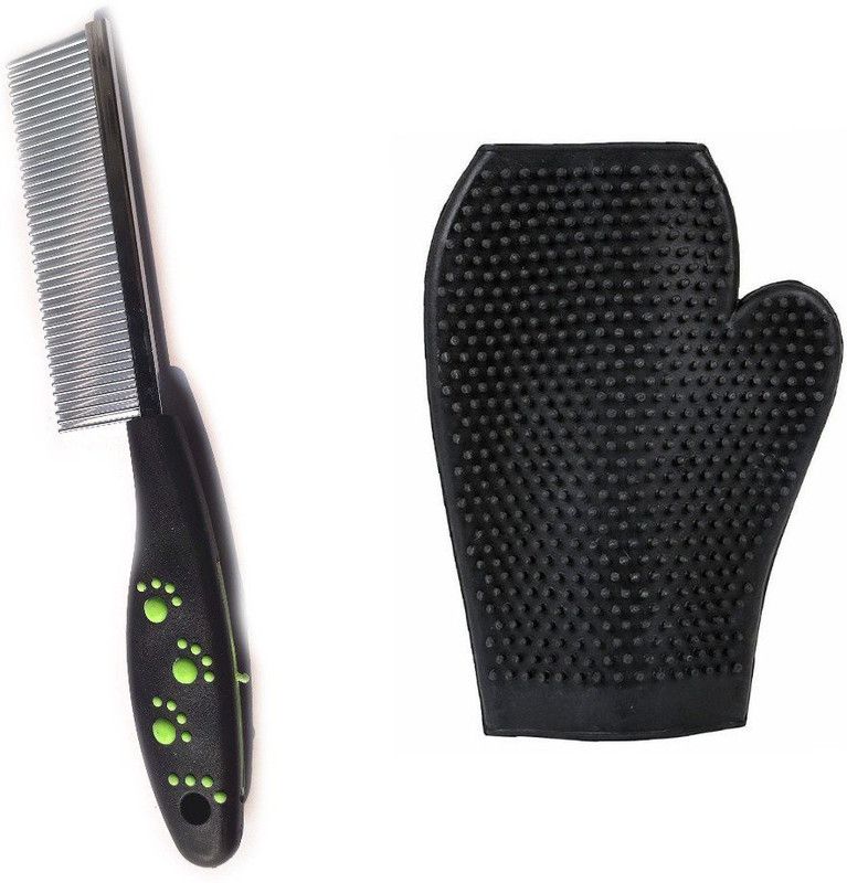 W9 Pet Comb Stainless Steel Pin Dog Grooming Brush With Bathing Glove (Black) Basic Comb for Dog & Cat