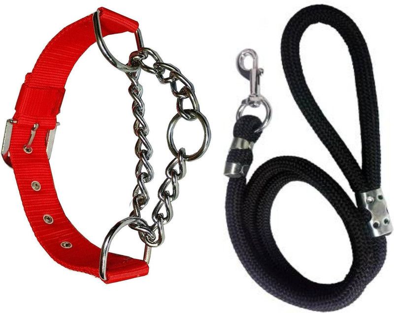 PEDIGONE Good Quality Dog Belt Combo of Red Choke Collar with Black Lead 1.5m Lengthy Dog Collar & Leash  (Medium, Red, Black)