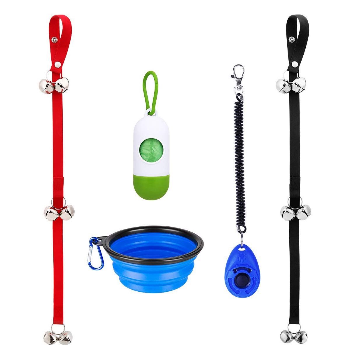 5 Pcs Dog Doorbell for Potty Training with Collapsible Dog Bowl and Dog Clicker and Potty Waste Bag Dispenser and Bells for Puppy Training