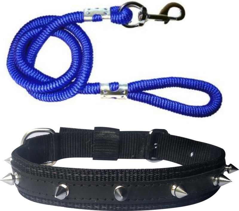 PEDIGONE Good Quality Dog Belt Combo of Black Nylon Spike Collar with Blue Lead 1.5m Lengthy Dog Collar & Leash  (Medium, Multi-Color)