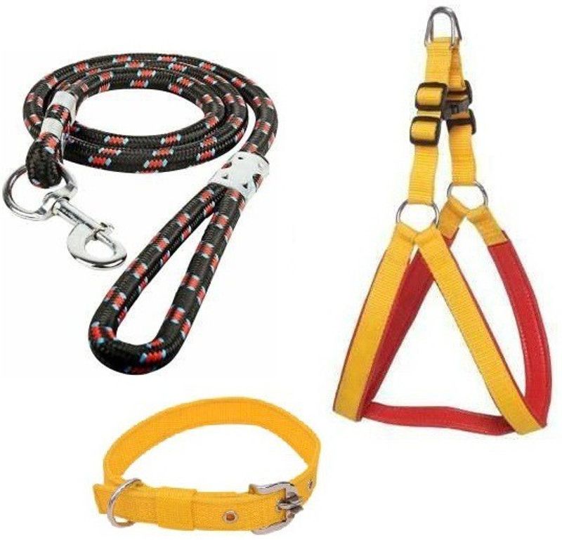 Pet N Perry PetNPerry Export Quality Dog Yellow Collar,Harness&Black Multicolour Rope Large Dog Collar & Leash  (Large, YELLOW, MULTICOLOUR)