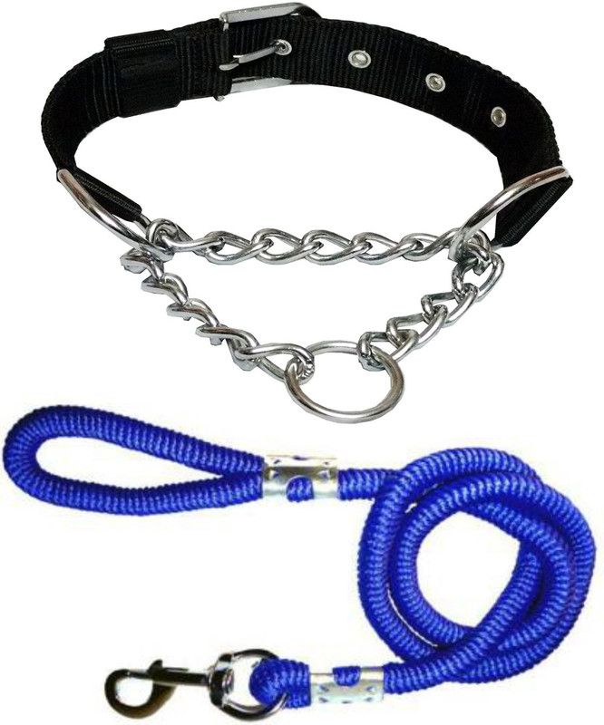 PEDIGONE Dog Belt Combo of Black Choke Collar with Blue Lead 1.5m Lengthy Dog Collar & Leash  (Medium, Multi-Color)