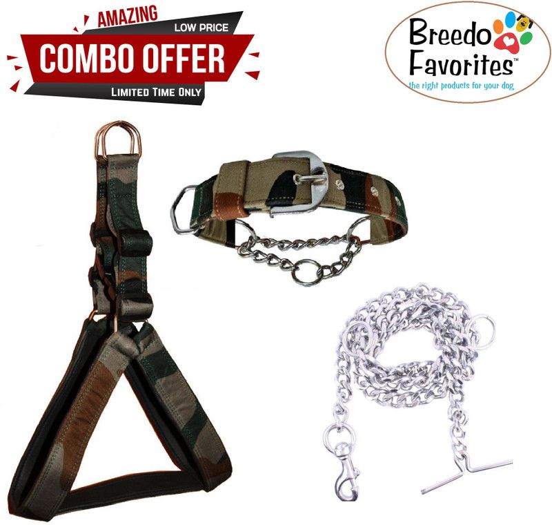 Breedo Amazing Army Padded Combo For Your Dog Comfort(Harness+Choke Collar With A Super Strength Heavy Duty Chain) Dog Harness & Chain  (Large, Army)