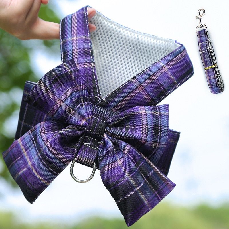 Big Bow-knot  Harness And Leash Set French Bull Plaid Vest Small  Clothes Supplies Pitbull Chihuahua Puppy Accessories