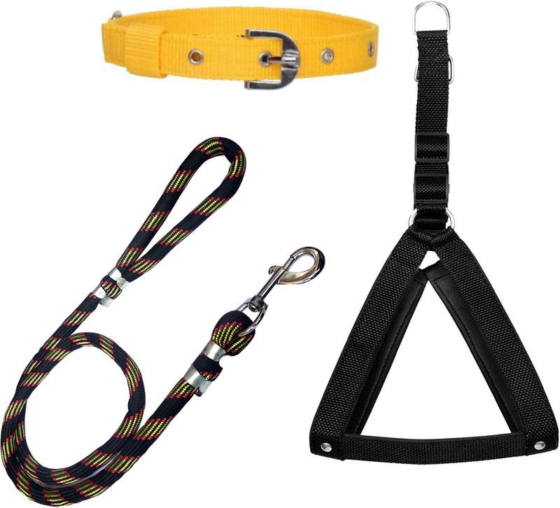 PEDIGONE Good Quality Combo of Black Dog Body Cross with Yellow Dog Collar with Black Lead Dog Harness & Leash  (Medium, Multi-Color)
