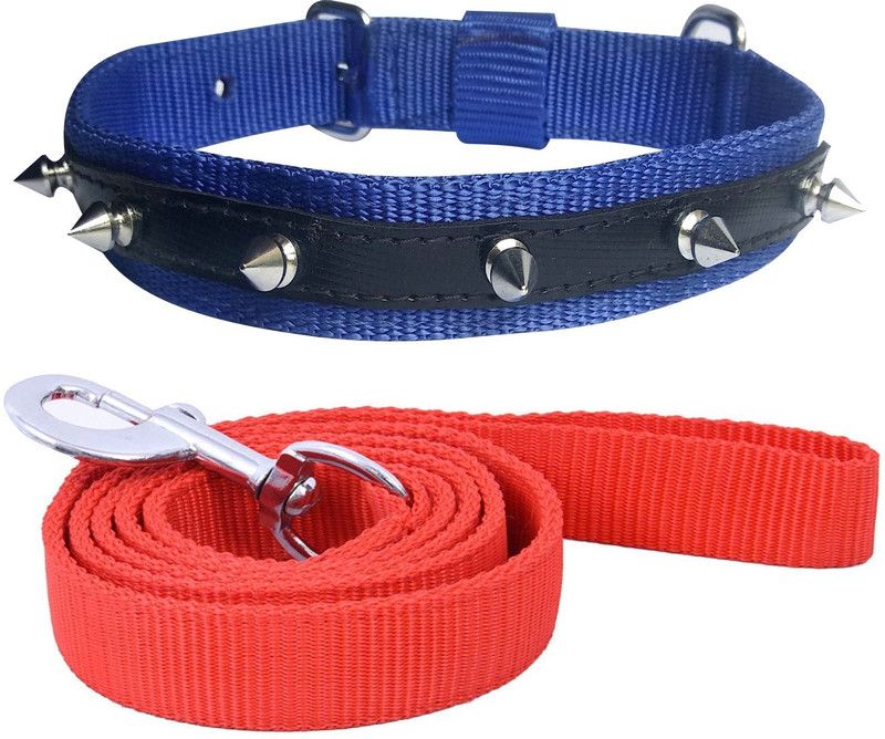 S.Blaze Dog Collar & Leash  (Medium, Blue Spike Collar & Red Leash)