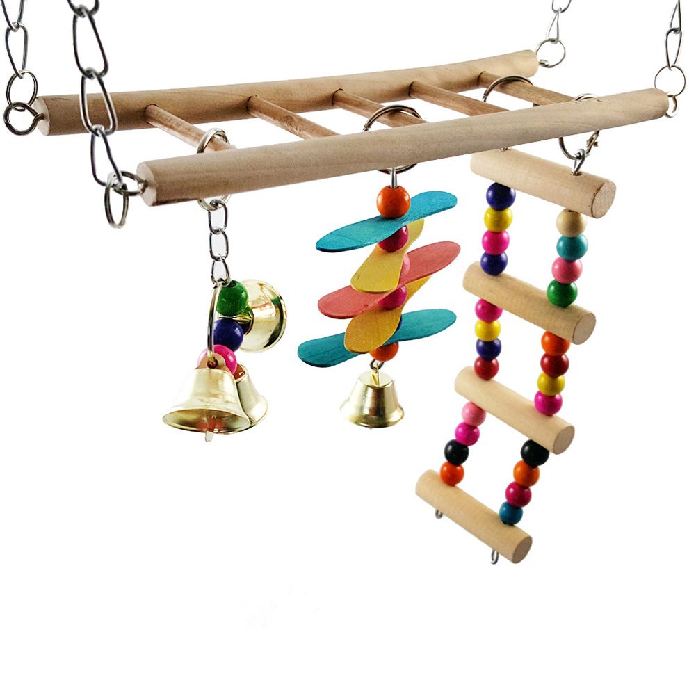 Pet Bird Parrot Colorful Wood Swing Climbing Ladder Bells Hanging Toy Cage Decor