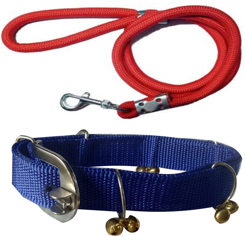 PEDIGONE Good Quality Dog Belt Combo of Blue Ghungroo Collar with Red Lead 1.5m Lengthy Dog Collar & Leash  (Medium, Multi-Color)