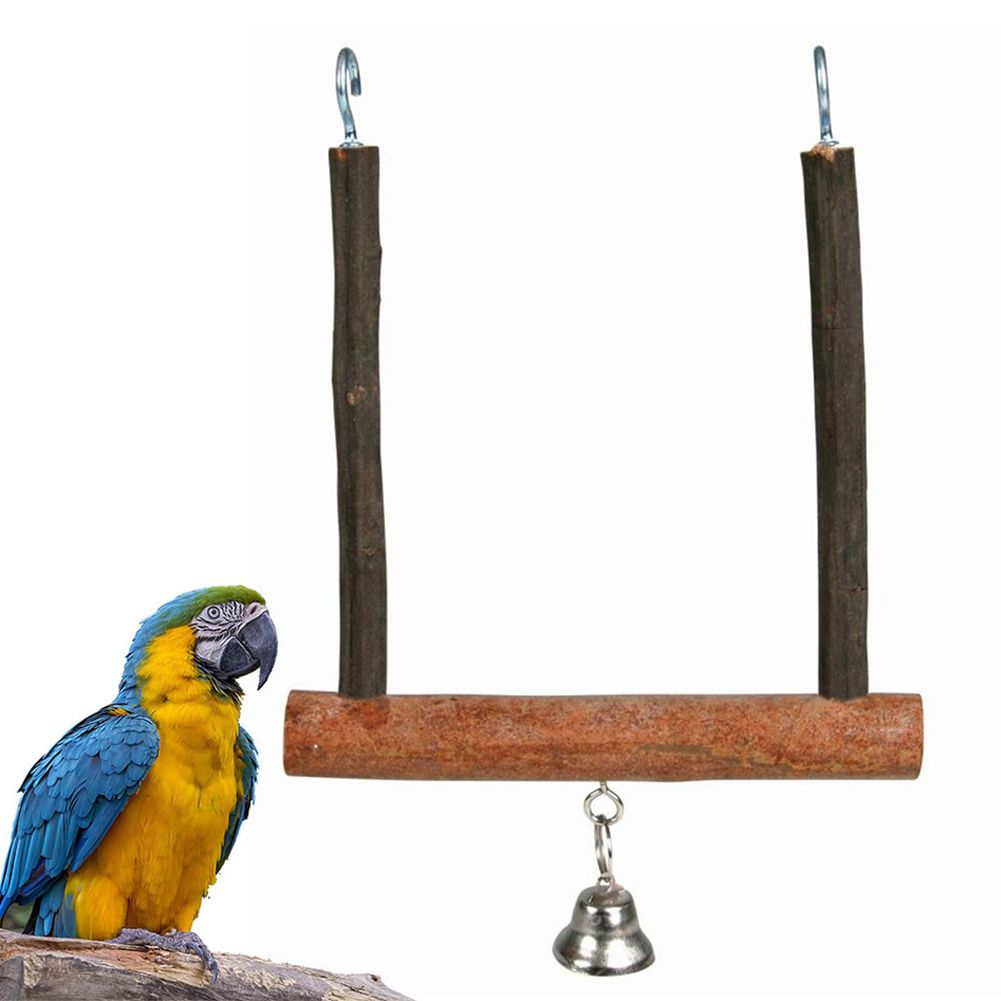 Wood Pet Bird Parrot Bell Cage Hanging Swing Stand Grinding Paw Play Chew Toy