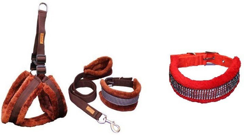 SAWAY Sway Export Quality Dog Brown Furr Set And Red Dimond Collar Large Dog NA Harness  (Large, BROWN)