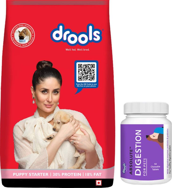 Drools Drools Absolute Digestive Tablet Dog Supplement, 50 Pieces AND Drools Puppy Starter Dog Food, 1.1 KG Chicken 1 kg Dry New Born, Young Dog Food