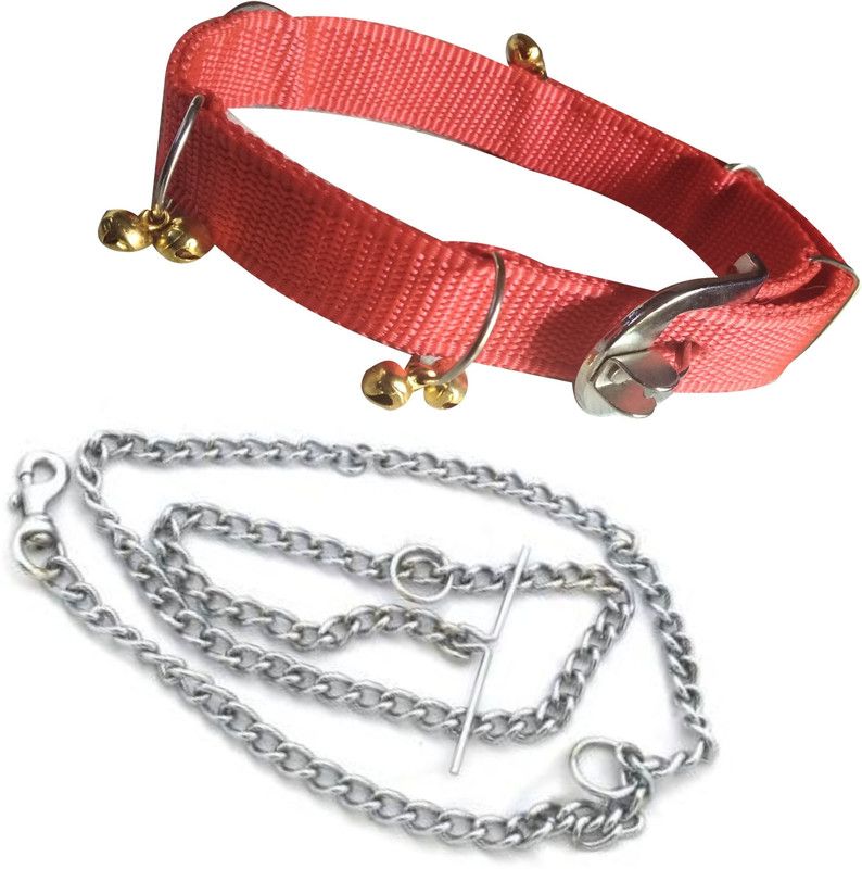 PEDIGONE Good Quality Dog Belt Combo of Nylon Red Ghungroo Collar with Dog Chain 1.5m Lengthy Dog Collar & Chain  (Medium, Multi-Color)