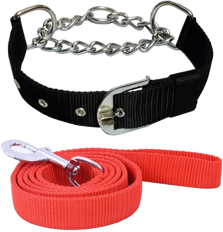 PEDIGONE Dog Belt Combo of Black Choke Collar with Red Leash Specially for Medium Breeds Dog Collar & Leash  (Medium, Black Choke Collar & Red Leash)