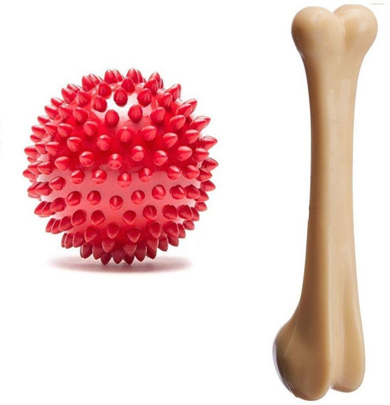 WAGGY TAILS Dog Toy Combo (Spike Rubber Ball + Nylon Bone Large Size) Nylon, Rubber Chew Toy, Rubber Toy, Training Aid, Bone, Ball For Dog