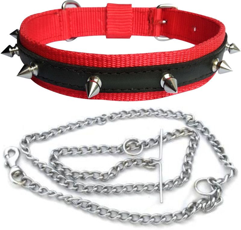 ADIOS Dog Belt Combo of Red Nylon Spike Collar with Dog Chain 1.5m Lengthy Dog Collar & Chain  (Medium, Multi-Color)