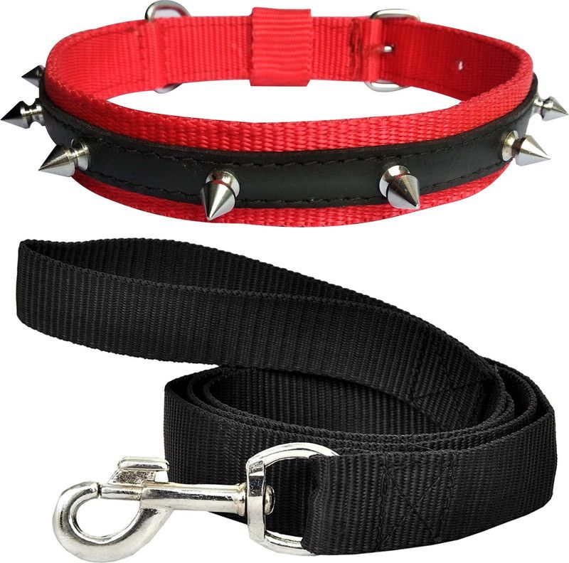 BODY BUILDING Dog Belt Combo of 1 inch Red Spike Collar with Black Leash Specially for Medium Breeds Dog Collar & Leash  (Medium, Red Spike Collar & Black Leash)
