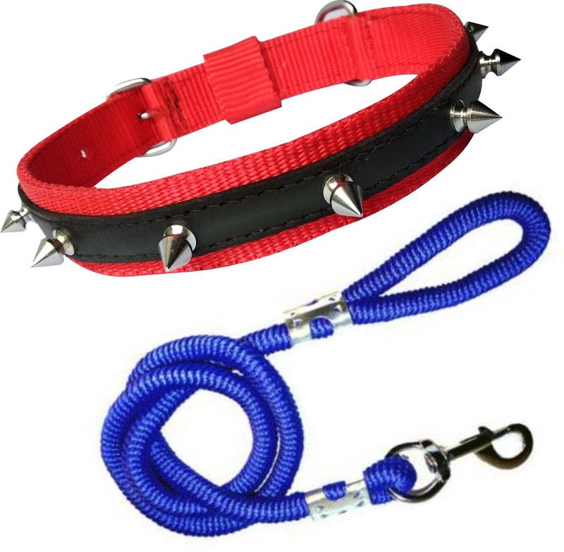 PEDIGONE Good Quality Dog Belt Combo of Nylon Red Spike Collar with Blue Lead 1.5m Lengthy Dog Collar & Leash  (Medium, Multi-Color)
