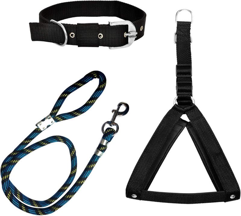 PEDIGONE Good Quality Combo of Black Dog Body Cross with Black Dog Collar with Black Lead Dog Harness & Leash  (Medium, Multi-Color)