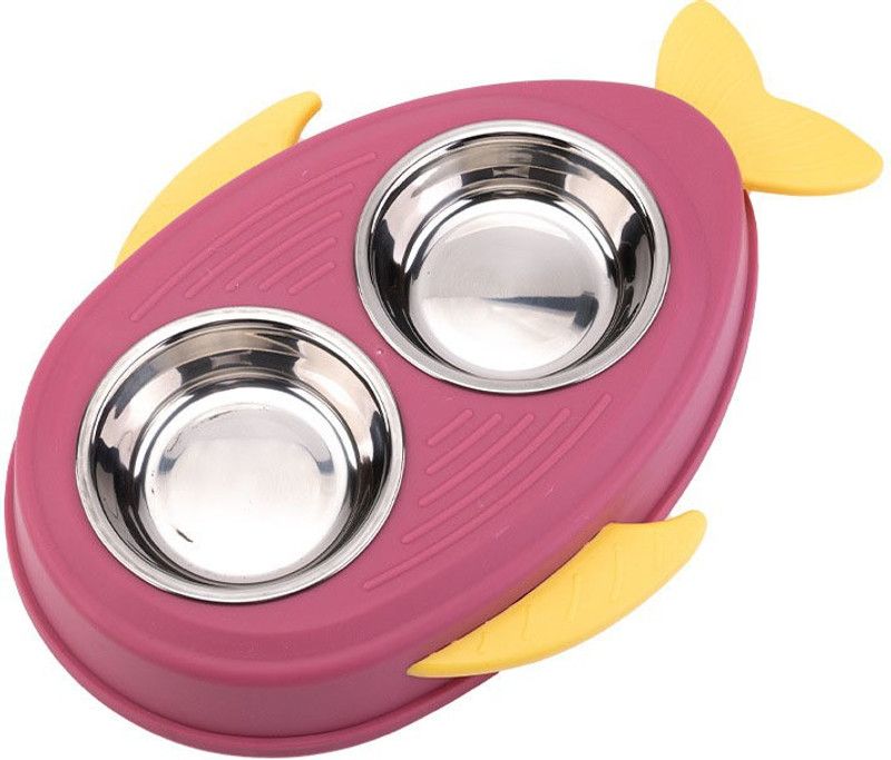 Pet Gains PGWB Fish Shaped Pink Plastic, Steel Pet Bowl  (60 ml Pink)