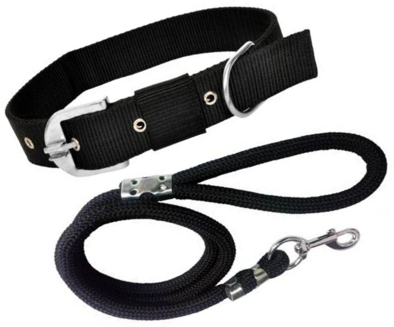 BODY BUILDING Dog Belt Combo of Black Dog Collar with Black Lead 1.5m Lengthy Dog Collar & Leash  (Medium, Multicolor)