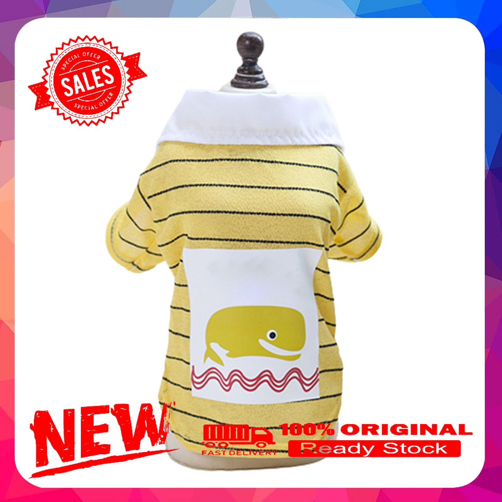 Vist Fox Summer Pet Cartoon Printed Stripe Pattern Dog Clothes Turn-down Collar T-shirt