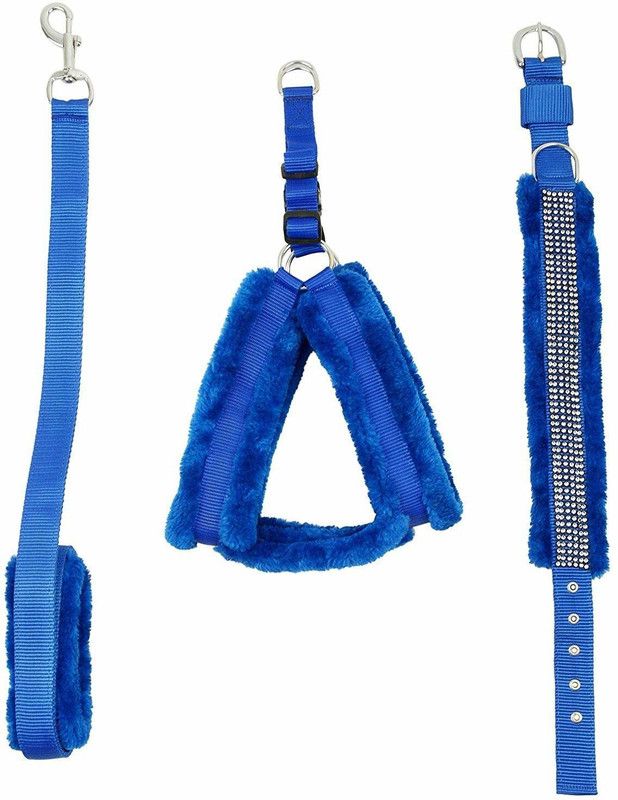 Pets Planet Soft fur collar leash harness set Dog Collar & Leash  (Small, BLUE)