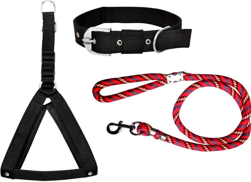 PEDIGONE Dog Belt Combo of Black Dog Body Cross with Black Dog Collar with Red Lead Dog Harness & Leash  (Medium, Multi-Color)