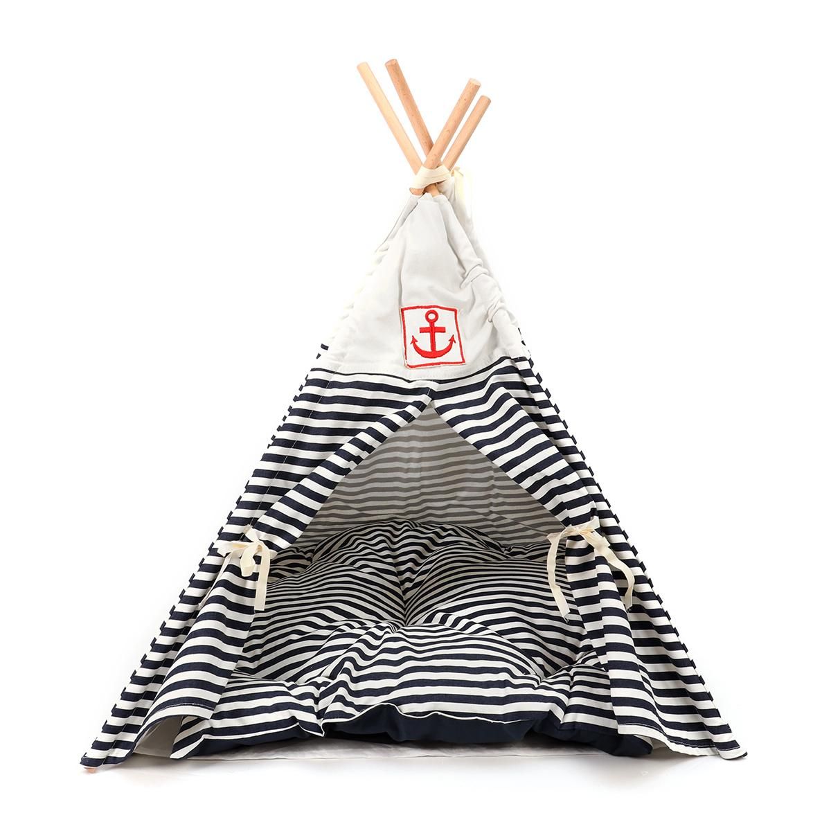 Fold Pet Teepee Dog Bed Cat Tent House Removable Washable Striped Soft Cushion
