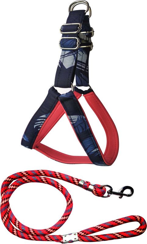 PEDIGONE Good Quality Dog Belt Combo of Blue Military Padded Dog Body Harness with Red Lead 1.5m Lengthy Dog Harness & Leash  (Medium, Multi-Color)