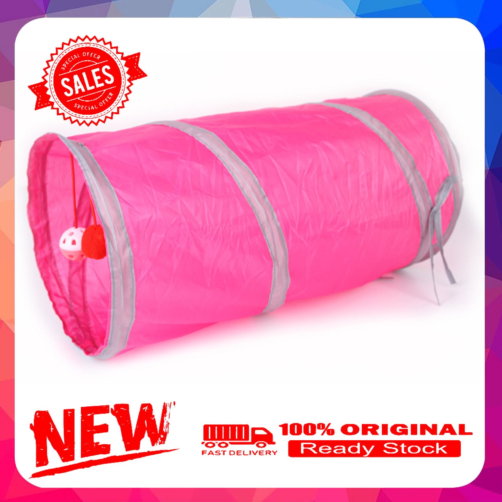 Vist Fox Pet Cat Kitten 2-Way Foldable Tunnel Tube Hanging Bell Ball Training Play Toy