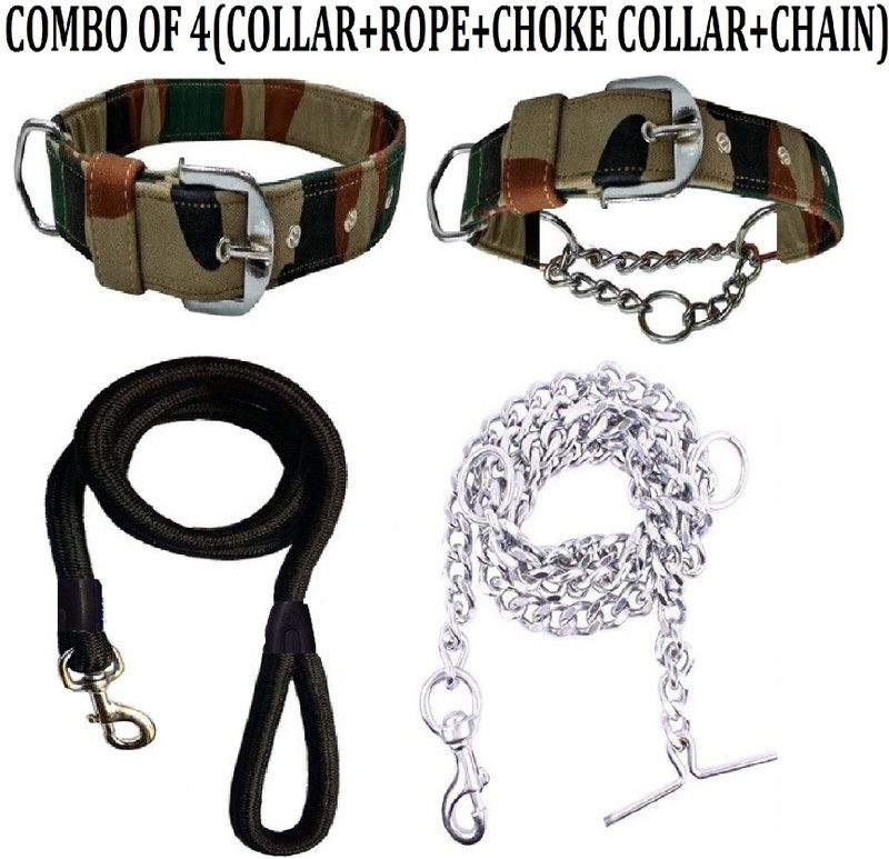 Hachiko Dog Collar & Chain  (Large, Army,Black)