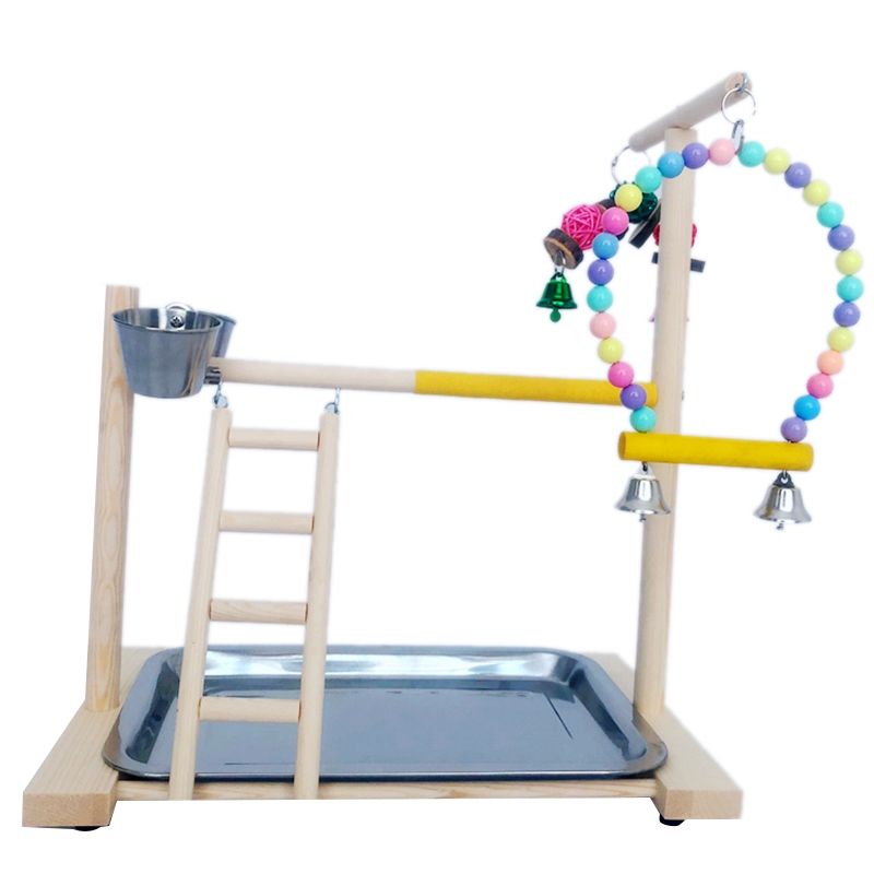 Wooden Bird Perch Stand Parrot Platform Playground Exercise Gym Playstand Ladder Interactive Toys with Feeder Cups