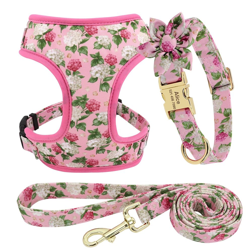 Adjustable Nylon Mesh French Bull Collar Harness Leash Set Cute Printed Puppy  Harness Vest Leash For Small Medium s