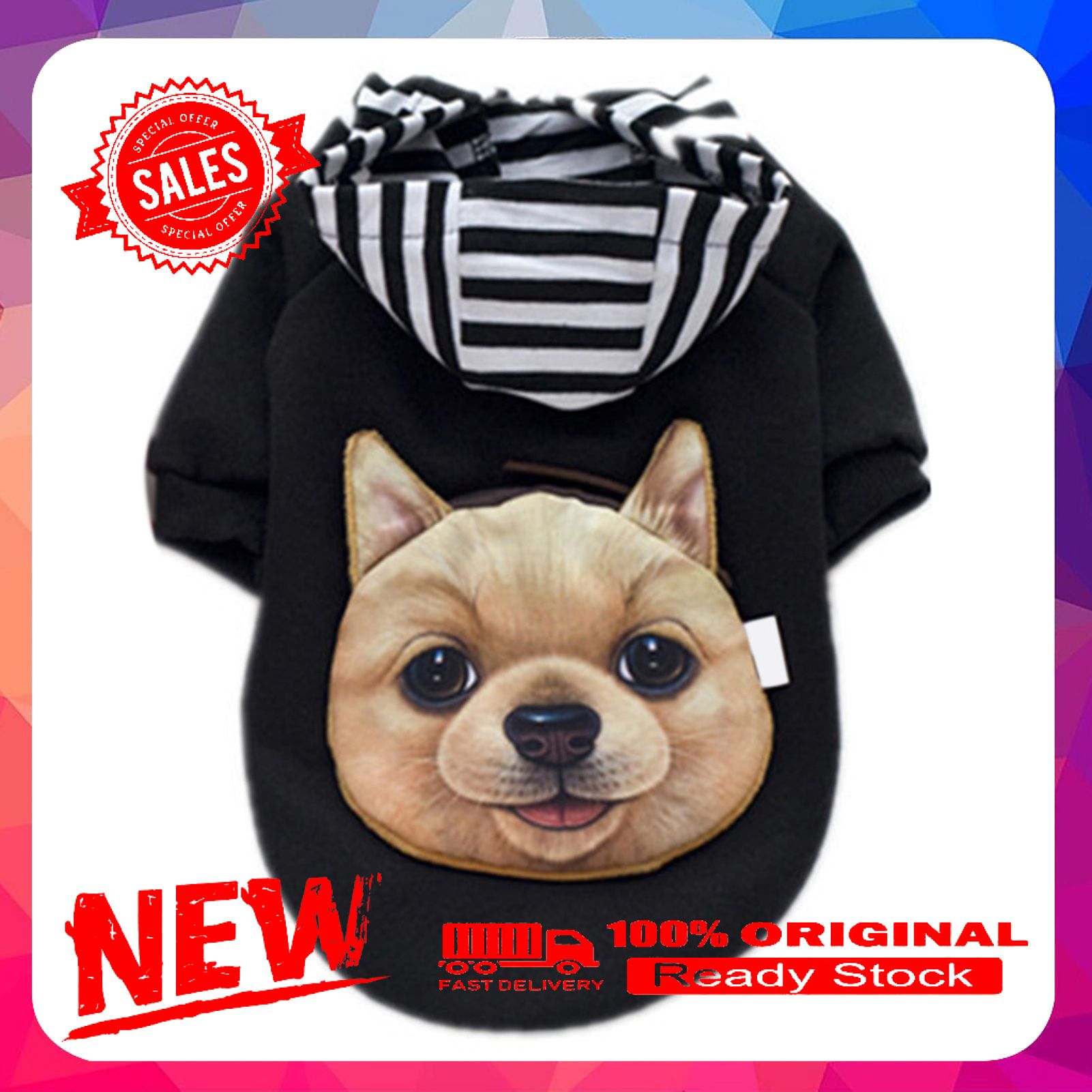 Vist Fox Winter Pet Hoodie with Cartoon Printed Bags Striped Hooded Coat Dog Clothes