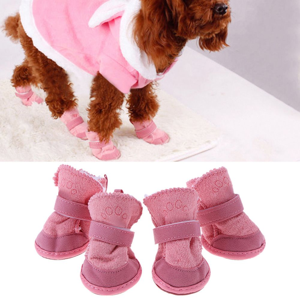 4 PCS Pet Dog Shoes Khaki Pink with Hook Loop Closure Pet Dog Booties Dog Shoes