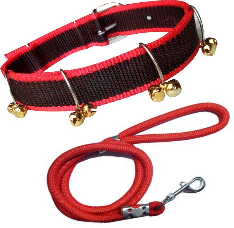 PEDIGONE Good Quality Dog Belt Combo of Nylon Red Black Ghungroo Collar with Red Lead 1.5m Lengthy Dog Collar & Leash  (Medium, Multi-Color)