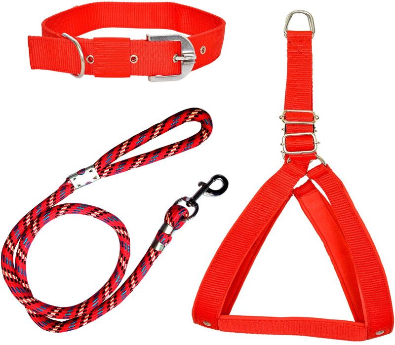 PEDIGONE Good Quality Combo of Red Dog Body Cross with Red Dog Collar with Red Lead Dog Harness & Leash  (Medium, Multi-Color)